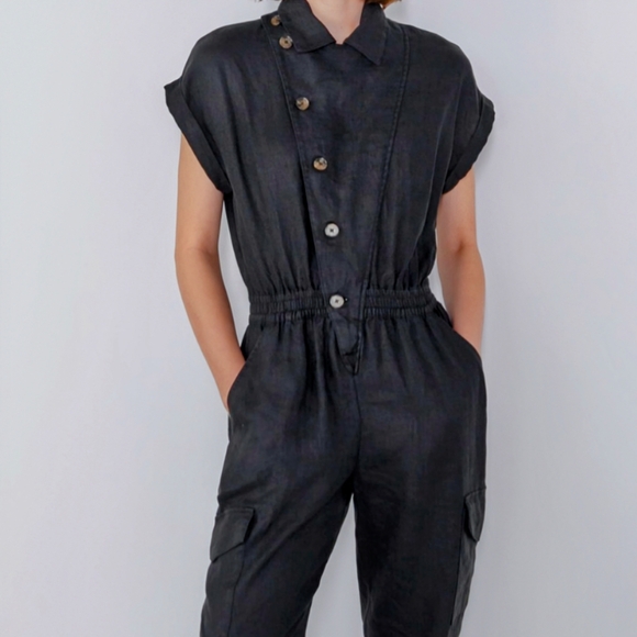 ZARA 100% Linen Cap Sleeve Zip Front Jumpsuit XS NEW - Picture 1 of 9